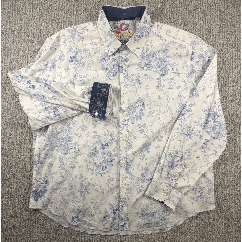 Robert Graham Button Down Shirt Mens 3XL White Blue Floral Classic Fit Cotton